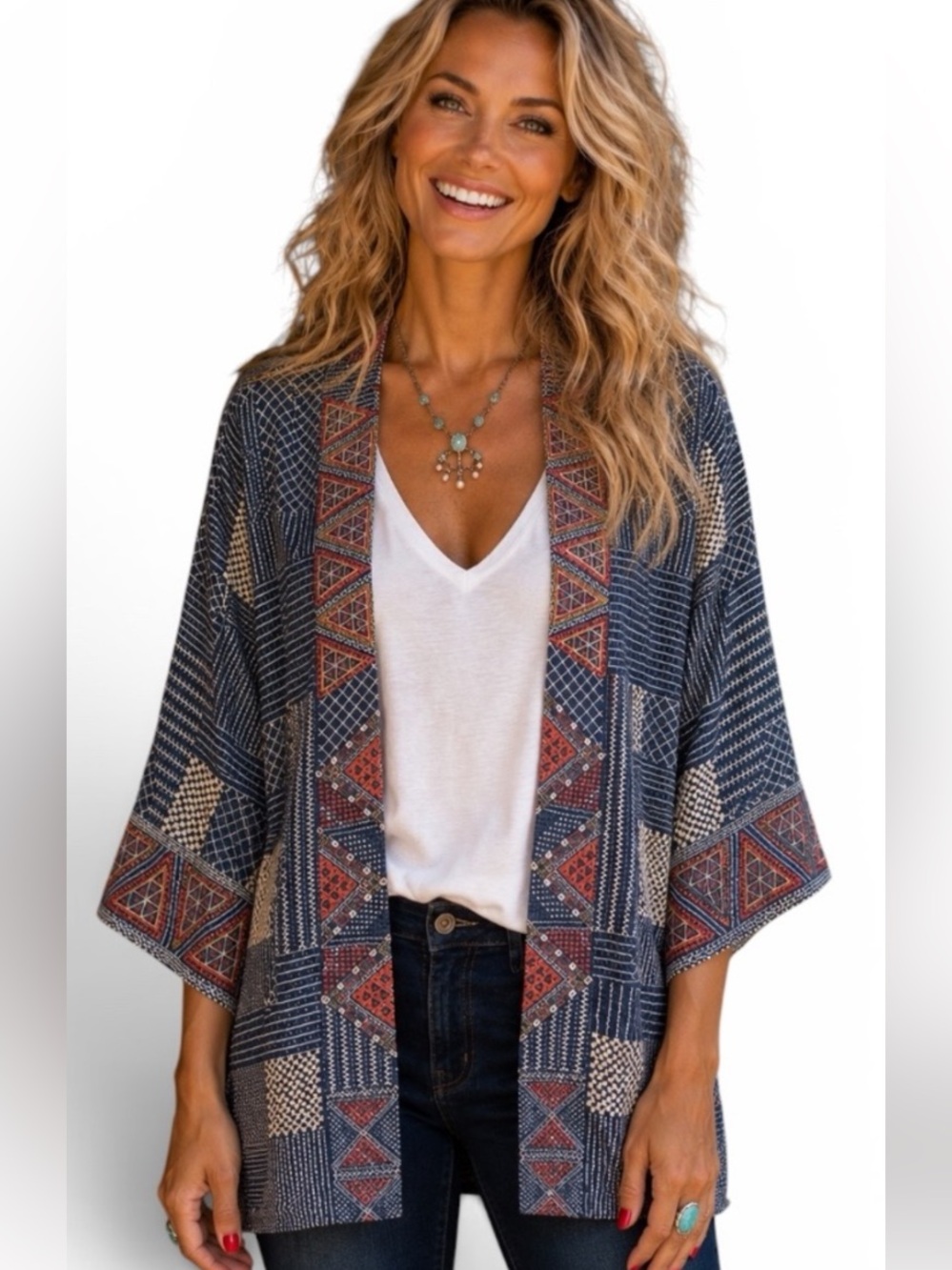 Johnny Was Thora Chambray Kimono Embroidered Open Front Size S